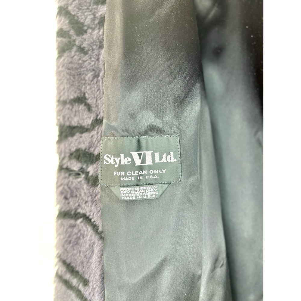 Vintage Style VI LTD Grey Black Tiger Strip Faux Fur‎ Furry Trench Coat Large - Picture 8 of 9